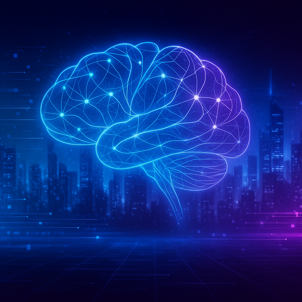 Abstraktes neuronales Netzwerk über Stadt bei Nacht